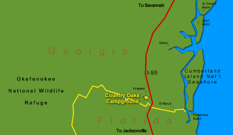 Map showing Country Oaks Campground location off I-95 GA Exit 1